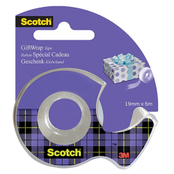 Taśma biurowa SCOTCH Gift Wrap 19mm x 7,5m do pakowania prezentów na podajniku transparentna